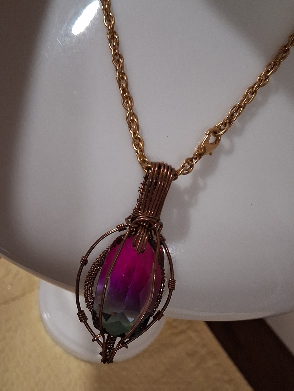 Goldtone Amethyist Copper Wire Pendant Neckkace